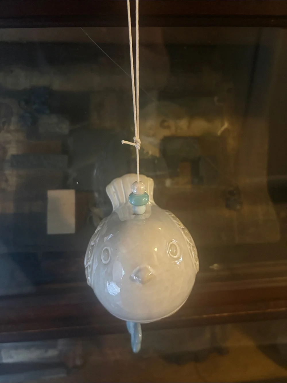 Ceramic Hanging Bird Wind Chime with Blue Flower